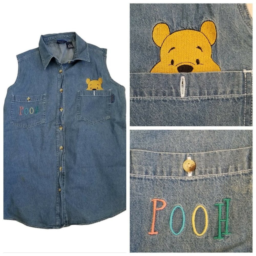 Vintage 90s Womens Winnie The Pooh Denim Chambray Sleeveless Buttonup Shirt LG - Picture 1 of 12